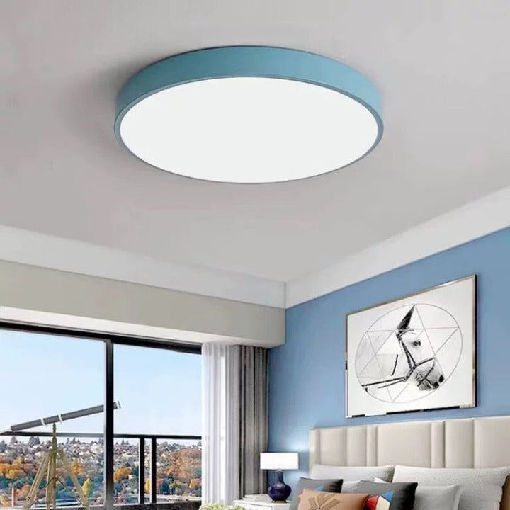 Moderne Runde LED-Deckenleuchte Morandi Aus Rosafarbenem Und Grauem Metall Für Das Wohnzimmer