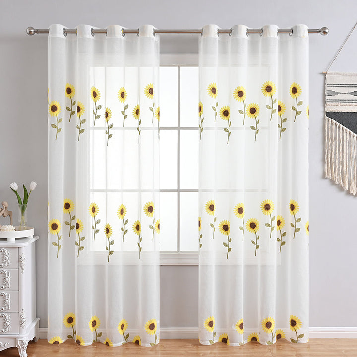CountryBloom - Luftiger Weißer Vorhang mit Sonnenblumenmotiv für Landhaus-Dekor