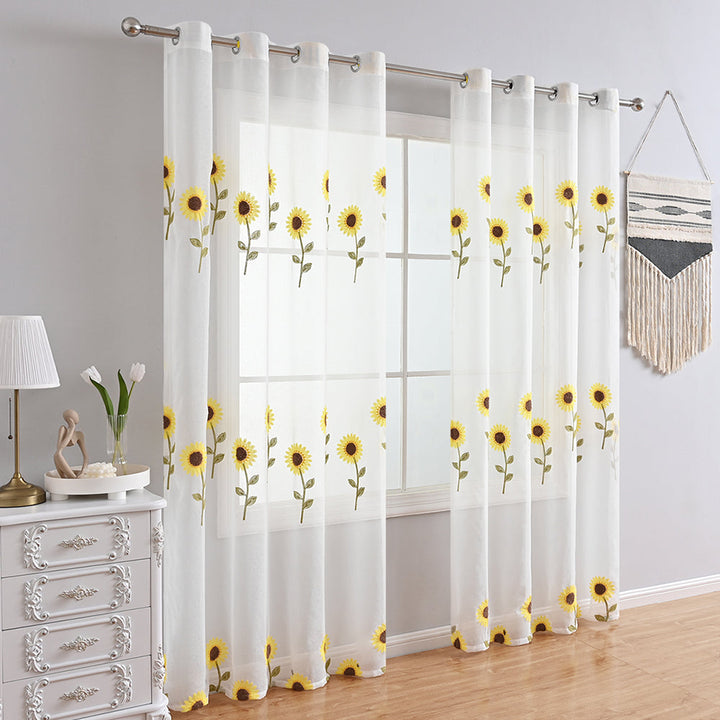 CountryBloom - Luftiger Weißer Vorhang mit Sonnenblumenmotiv für Landhaus-Dekor