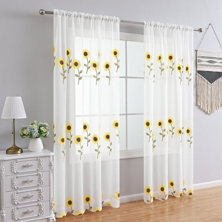 CountryBloom - Luftiger Weißer Vorhang mit Sonnenblumenmotiv für Landhaus-Dekor